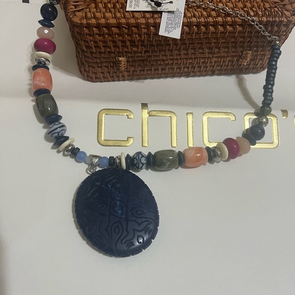 Chico’s NWT Multi-Color Beaded Necklace w Blue Etched Pendant - Picture 3 of 6